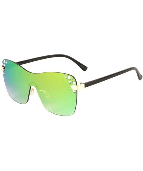 Color Mirror Rimless Rhinestone One Piece Curved Edge Shield Lens Sunglasses Green Cd1996d86y9