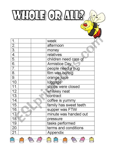 Whole And All Practise Esl Worksheet By Pooh81