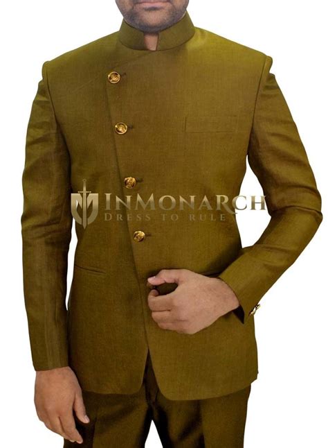 Mens Olive Drab 2 Pc Jodhpuri Suit Angrakha Style Jodhpuri Suits For