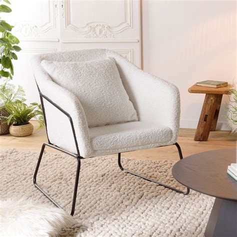 Fauteuil X X Cm En Tissu Bouclette Blanc Et M Tal Noir Ivvi