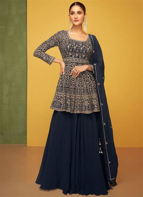 Buy Blue Georgette Embroidery Long Choli Lehenga Party Wear Online At