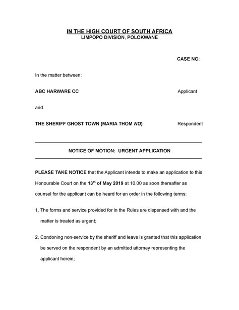 Urgent Application Motion In The High Court Of South Africalimpopo