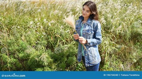 Jeune Bouquet De Sourire De Participation De Femme D Herbe D Argent