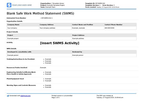 Safe Work Method Statement Template Free Download Printable Templates