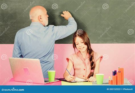 Modern Teaching Method Student And Teacher Man At Blackboard