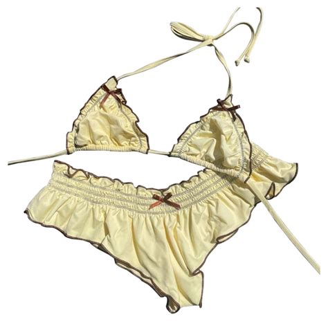 Celivon Womens Girls Yellow Bikini Swimsuit With Bow And Wooden Bead