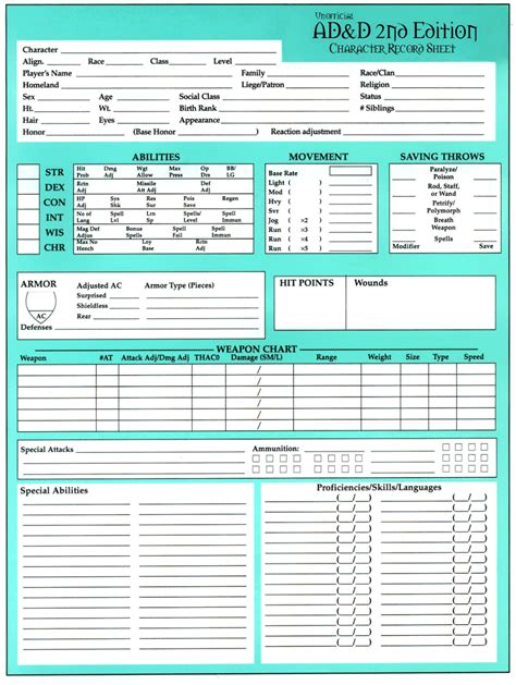 Green AD D 2nd Edition Character Sheet 2E EN World Dungeons