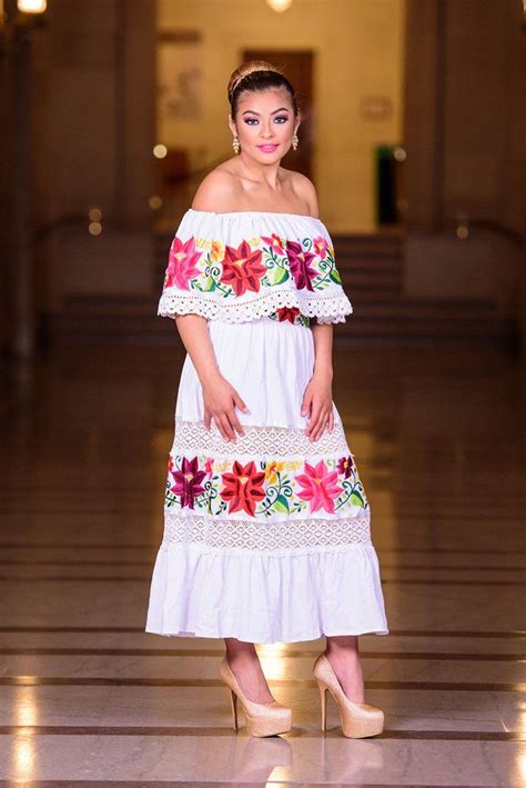 Multicolor Embroidered Off Shoulders Mexican Dress White Mexican