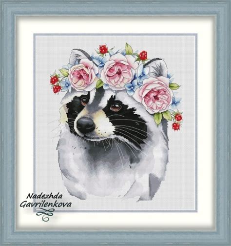 Raccoon In A Wreath Cross Stitch Pattern Code NG 133 Nadezhda