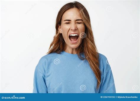 Image Of Pissed Off Woman Release Pressure Screaming Out Loud Shouting With Eyes Closed