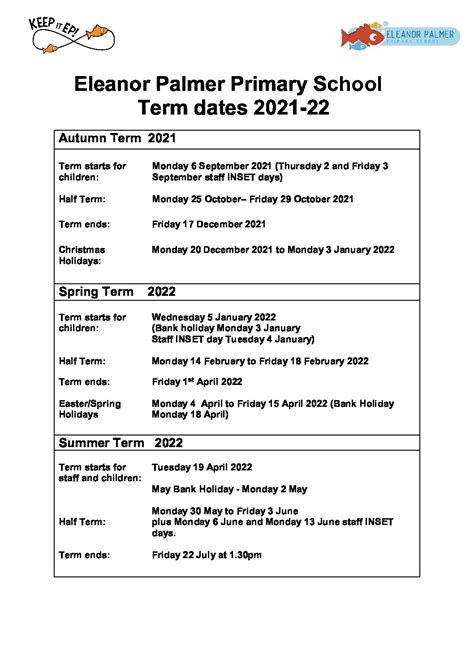 Term Dates - Eleanor Palmer Primary School