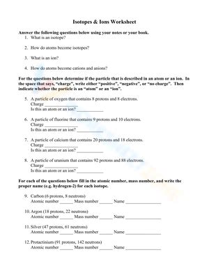 Atoms Ions And Isotopes Worksheet