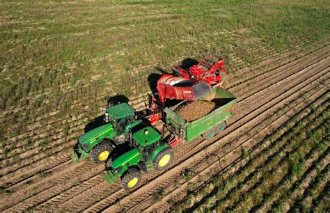 Grimme Se Potato Harvester Unloads Potatoes Into A Tractor With