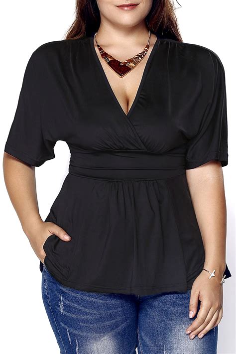 Fashionable Plunging Neck Short Sleeve Plus Size Solid Color Women S