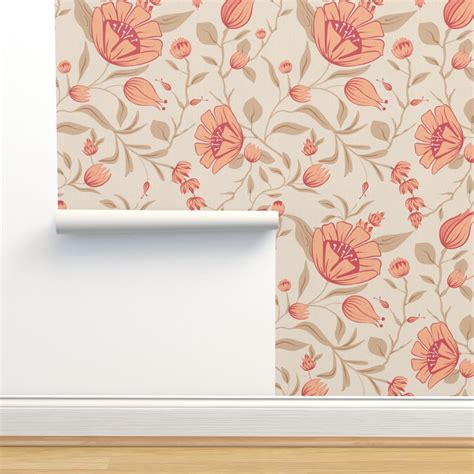 Floral Garden In Pantone S Peach Fuzz Wallpaper Spoonflower