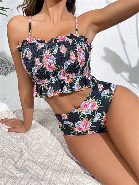 Shein Floral Print Smocked Ruffle Hem Bikini Swimsuit Shein Usa