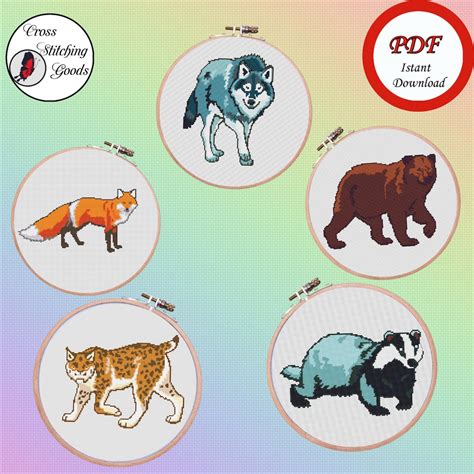 Set of 5 Cute Wild Animals Cross Stitch Patterns , Cross Stitch ,modern ...