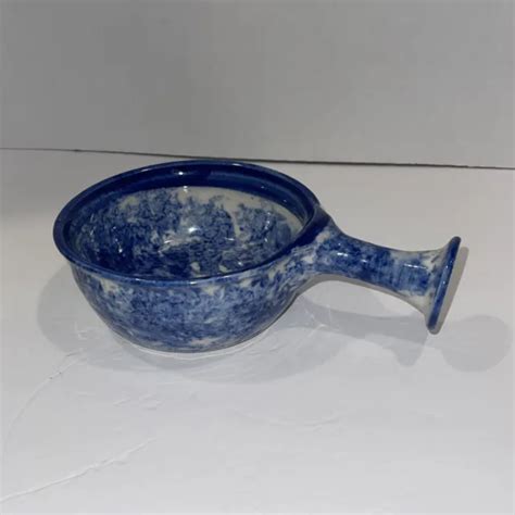 Vintage Pottery Stoneware Soup Bowl With Handle Blue White Signed