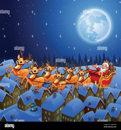 Santa Claus riding his reindeer sleigh flying in the sky Stock Vector ...