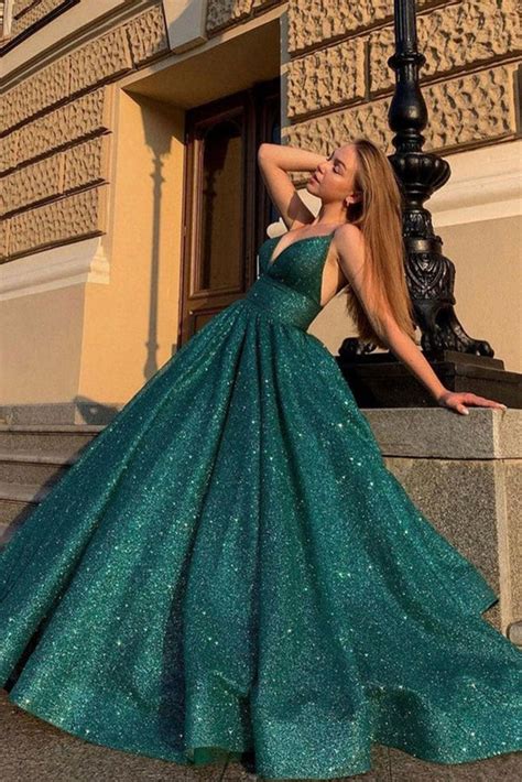 Shiny V Neck Dark Green Long Prom Dress Sparkly Dark Green Formal Gra