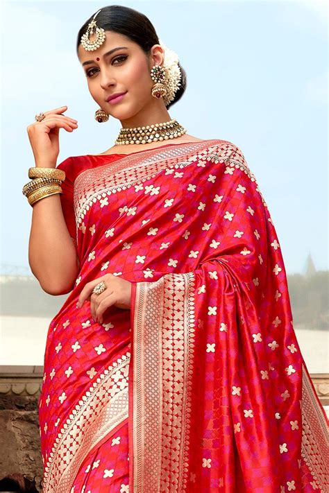 Buy Chilli Red Zari Woven Banarasi Saree From Ghats Of Banaras Online