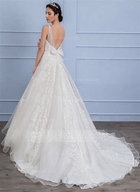 Ball Gown V Neck Sweep Train Organza Lace Wedding Dress With Bow S