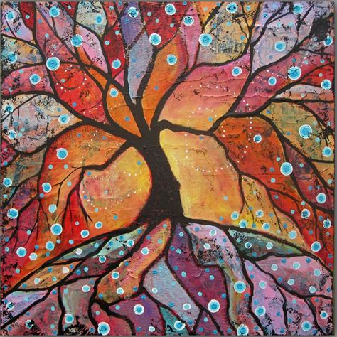 Fiery Tree Of Life Original 24 X 24 Mixed Media Tree Of Life Painting