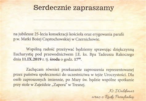 Zaproszenie na Jubileusz 25 lecia parafii Parafia pw Matki Bożej