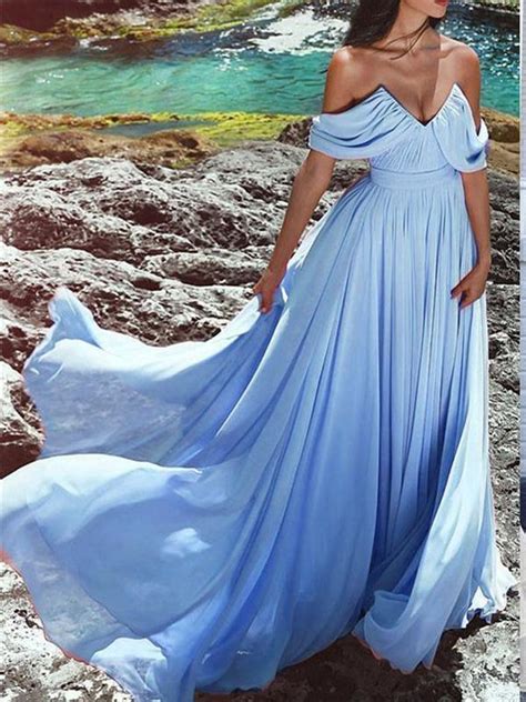 Cheap Blue Off Shoulders Flowy Chiffon Beach Wedding Dress Vestido De