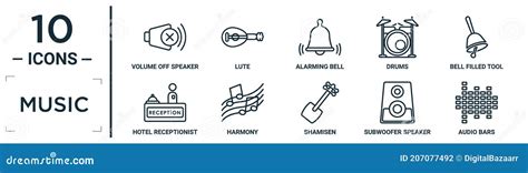 Music Linear Icon Set Includes Thin Line Volume Off Speaker Alarming