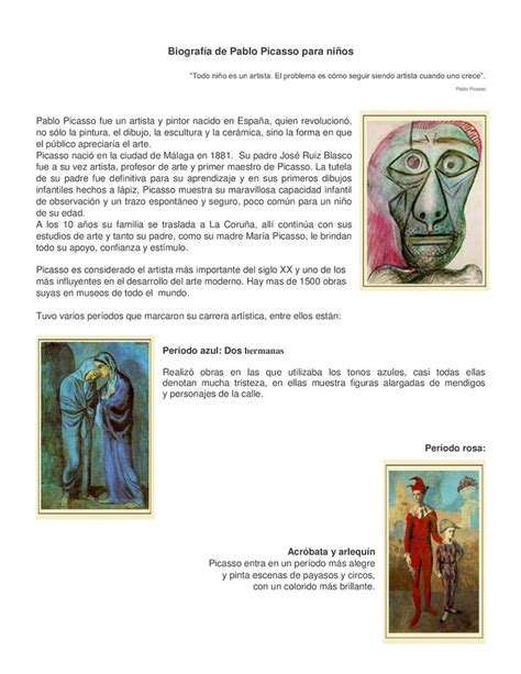 Biografia De Pablo Picasso Para Ninos Picasso Profesores De Arte