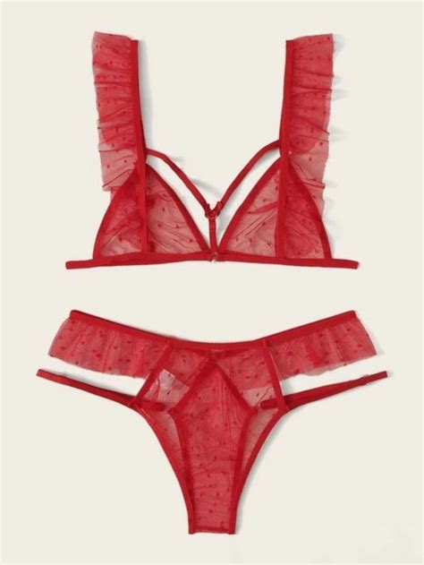 Sexy Red Polka Dot Mesh 2 Piece Set Lingerie Size L