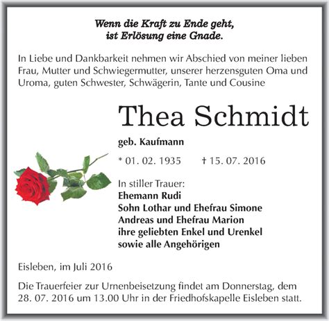 Traueranzeigen Von Thea Schmidt Abschied Nehmen De