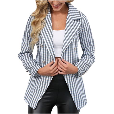 Xflwam Womens Casual Blazer Jacket Striped Plaid Long Sleeve Coat Suit