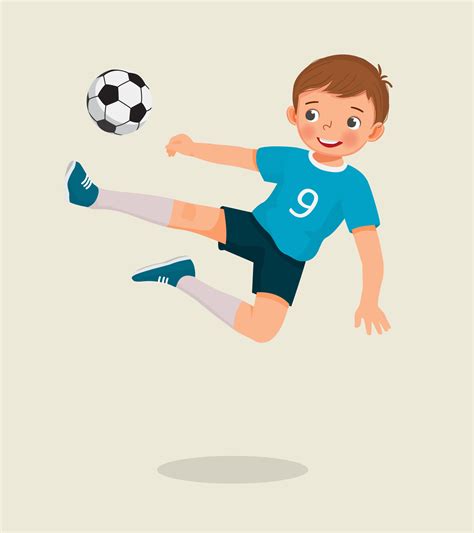 cute little boy playing soccer jumping high kicking the football to make a goal 11187895 Vector ...