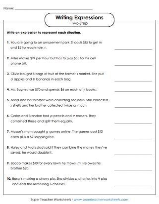 Writing Algebraic Expressions - Worksheets - Worksheets Library