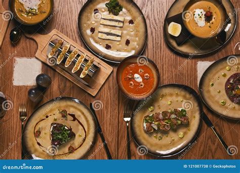 Table with food, top view stock photo. Image of overhead - 121007738