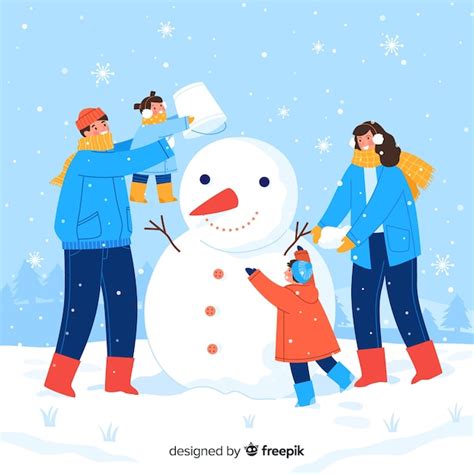 Familia haciendo juntos un muñeco de nieve Vector Gratis