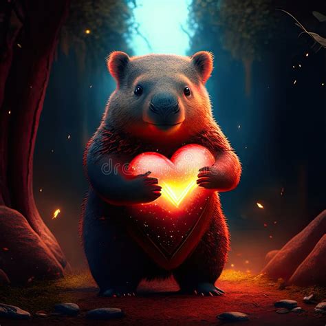 Wombat Hugging Heart Cute Bear With Heart Shape In The Forest D