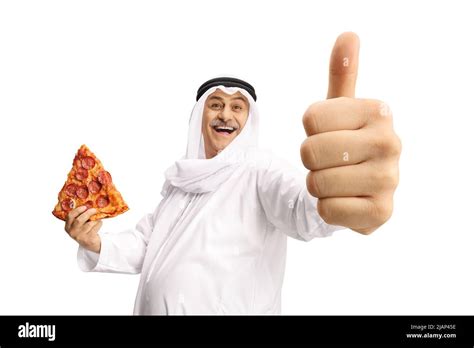 Mature Arab Man Holding Pepperoni Pizza Slice And Showing Thumbs Up