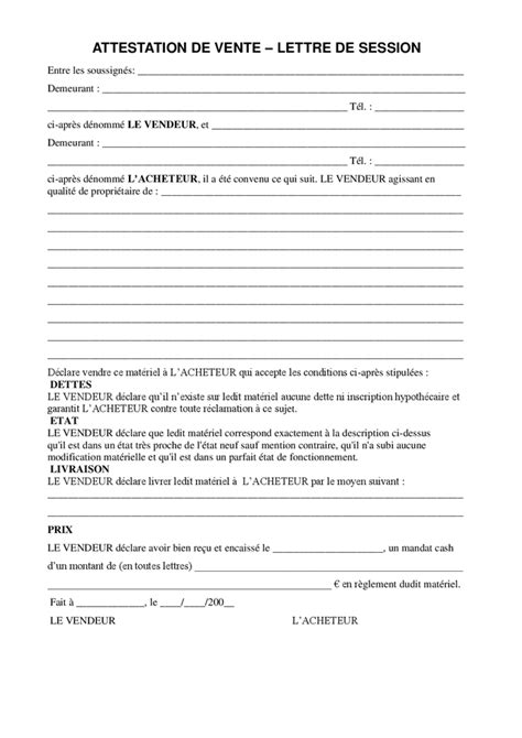 Attestation De Vente Lettre De Session DOC PDF Page 1 Sur 1