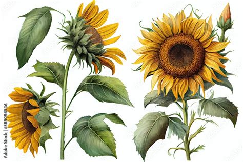 Sunflower Botanical Illustration Sun Flowers Isolated Sunflowers