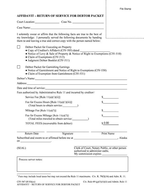 Affidavit Return Of Service For Writ Of Execution Single Form Fill