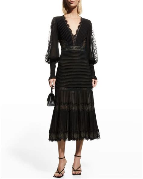 Tadashi Shoji Pleated Chiffon Lace Bishop Sleeve Dress In Black Lyst