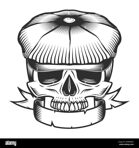 Skull In The Tweed Hat Flat Cap With Ribbon Vintage Vector Illustration