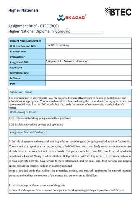 Btec D02k12 Assignment Brief 1 Higher Nationals Assignment Brief