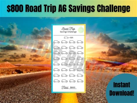 800 Dollar Road Trip Savings Challenge Printable Fits A6 Cash Envelopes