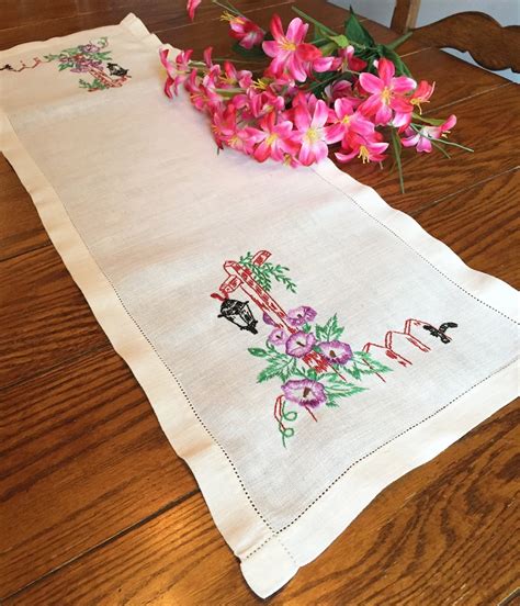 Embroidered Dresser Scarf Purple Floral Linen Table Runner Etsy