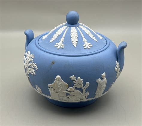 Wedgwood Blue Jasperware Sugar Bowl With Lid Neoclassical Relief Design