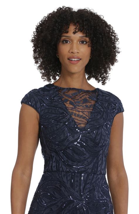 Maggy London Illusion Lace Sequin Embroidered Cap Sleeve Midi Dress